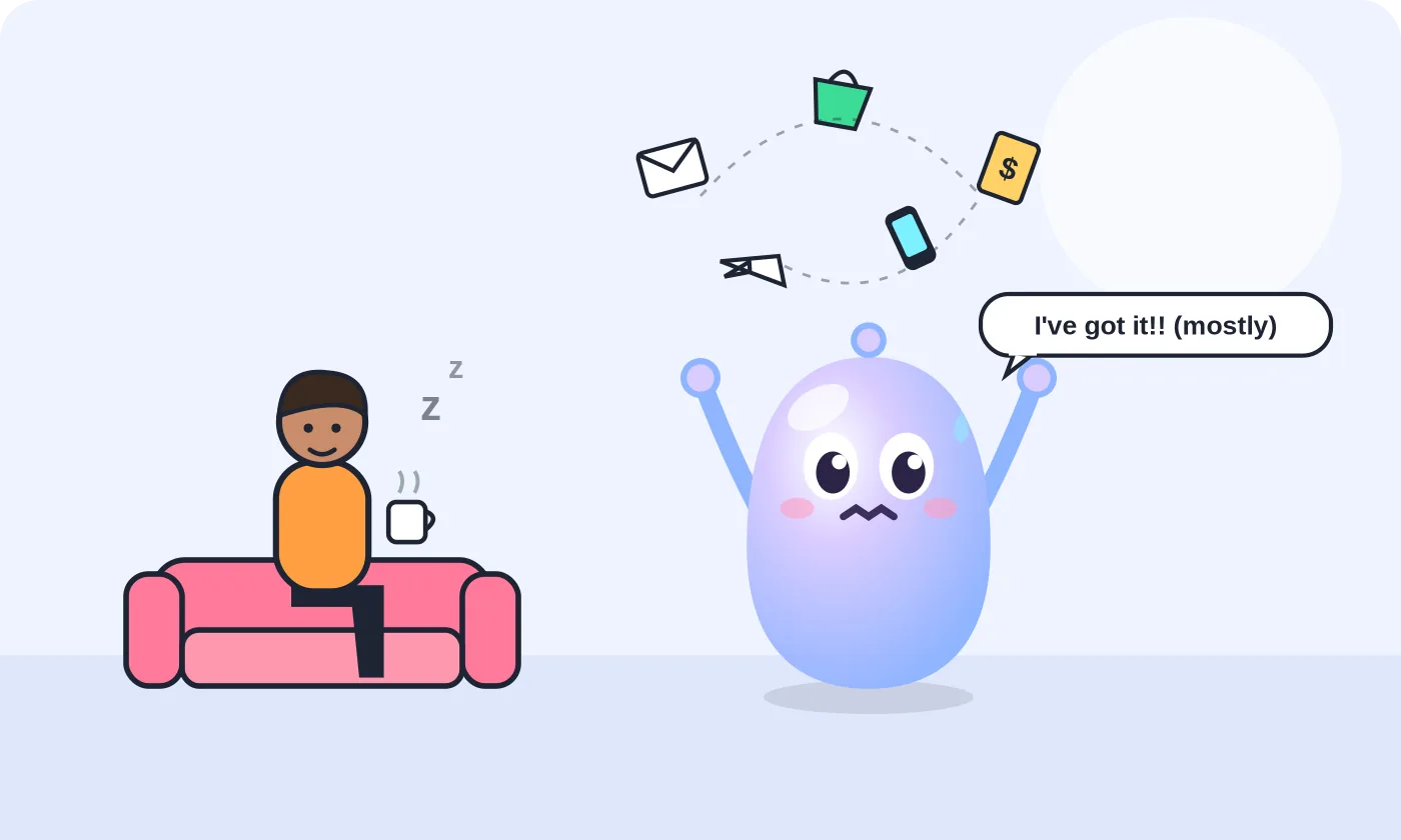 Cartoon of a person relaxing on the couch while a nervous robot juggles their errands